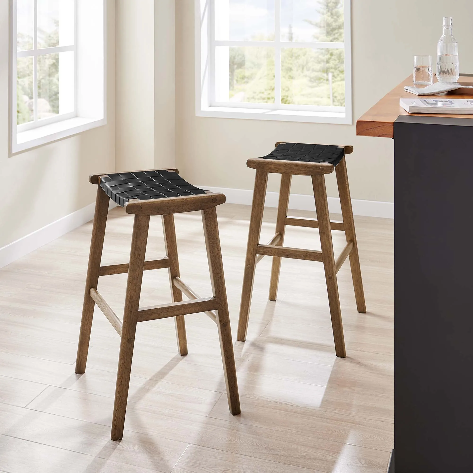 Saoirse Faux Leather Wood Bar Stool - Set of 2 by Modway