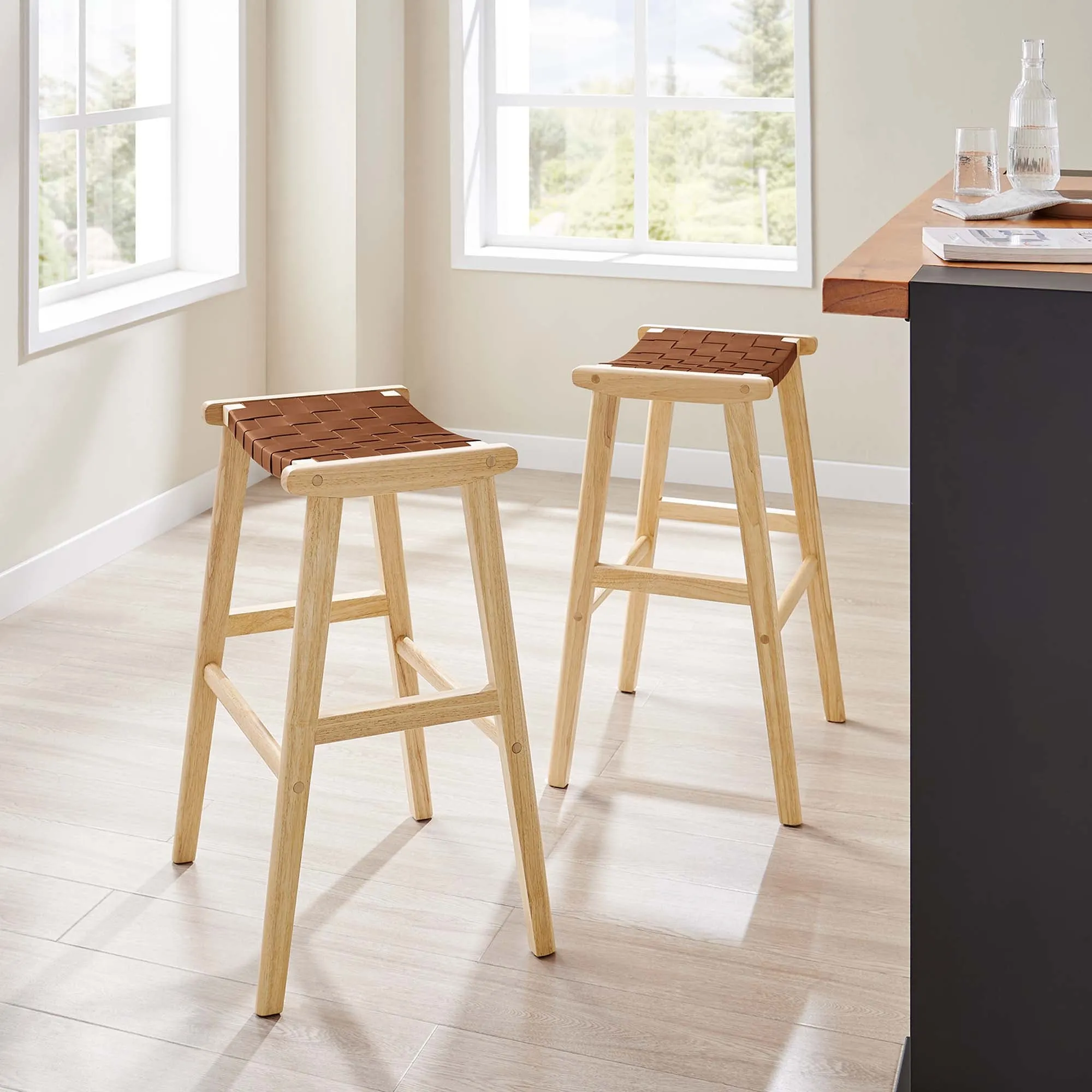 Saoirse Faux Leather Wood Bar Stool - Set of 2 by Modway