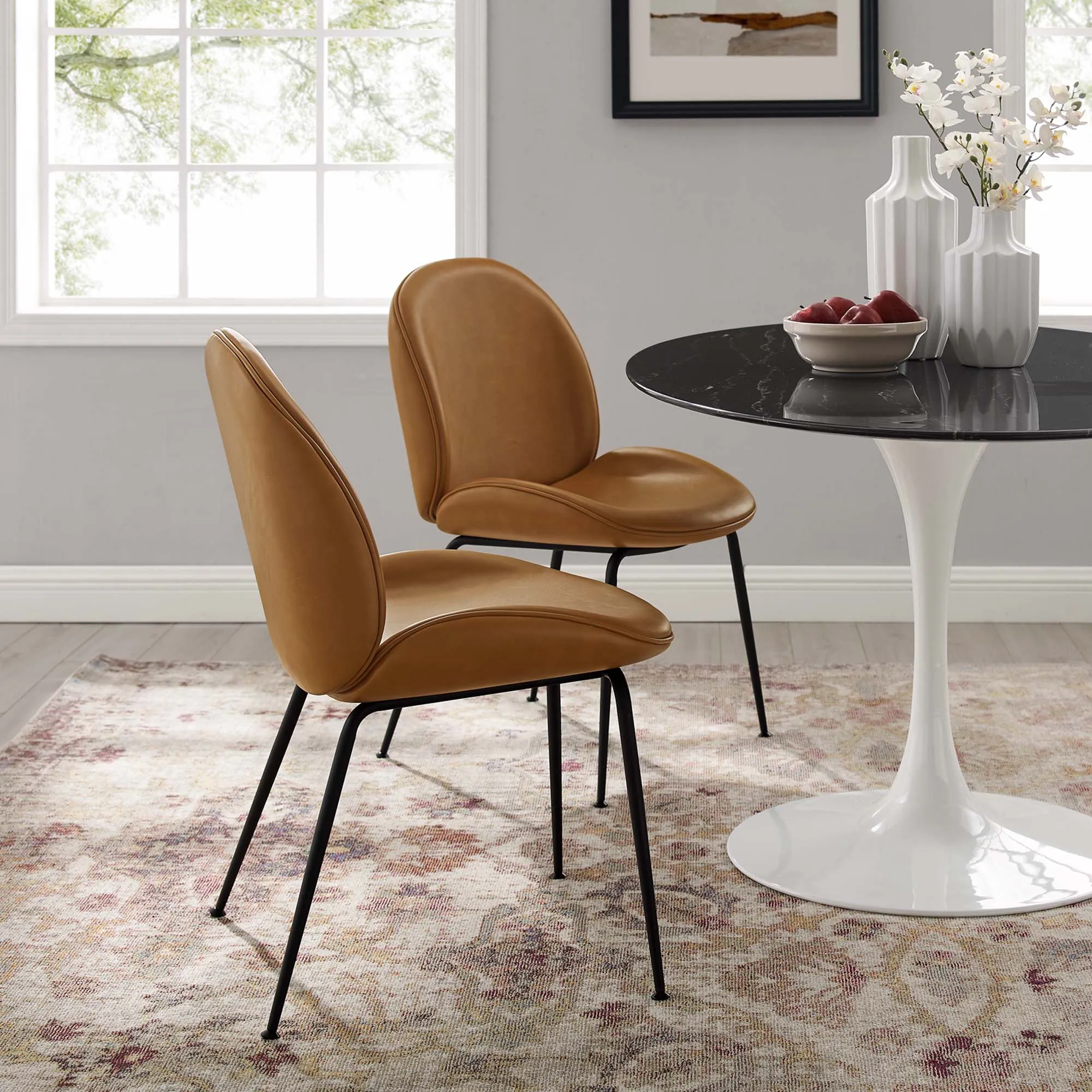 Scoop Black Powder Coated Steel Leg Vegan Leather Dining Chairs - Set of 2 by Modway