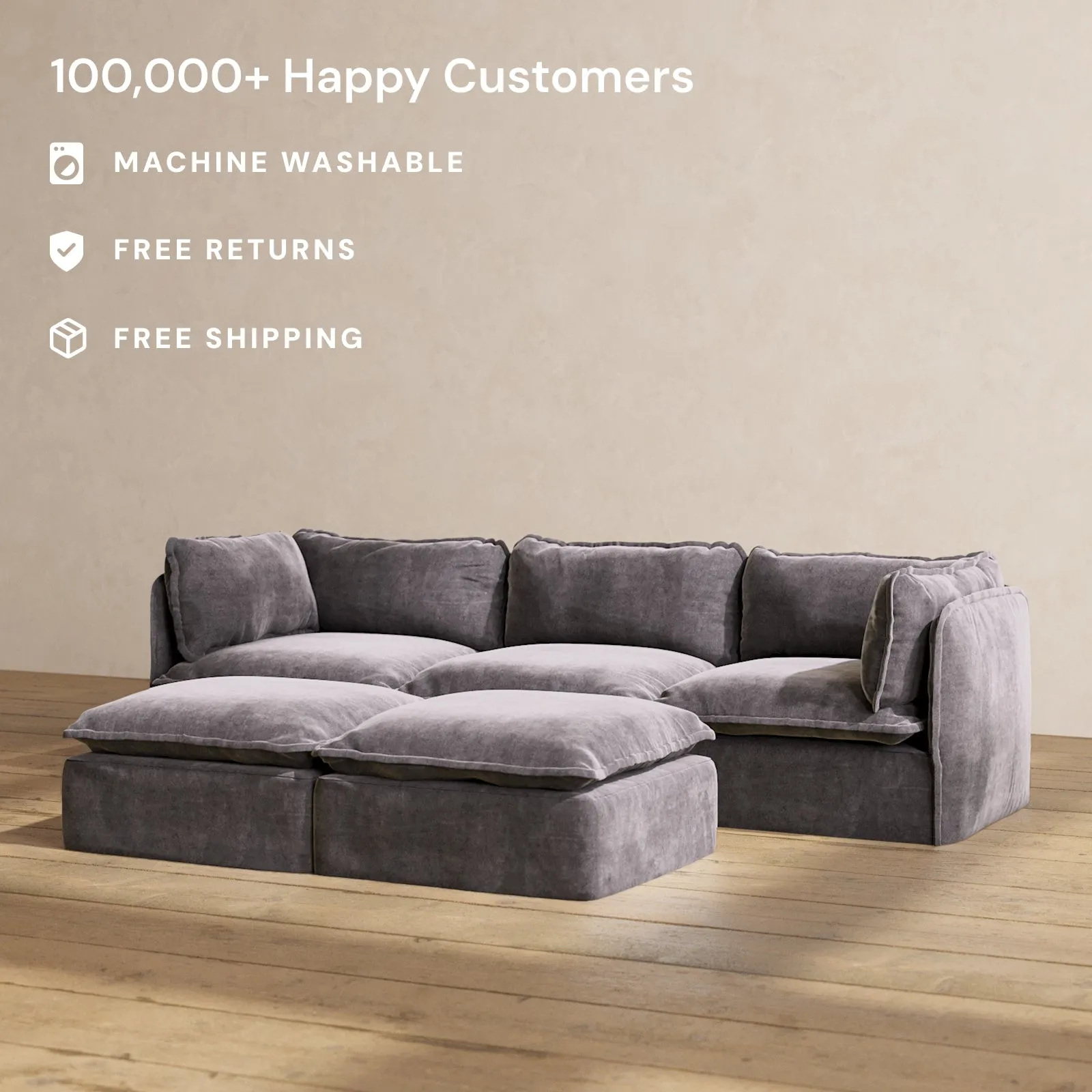 Slipcover Only - Modular Performance 3-Seater   Bench Ottoman | Luxury Velvet in Cinder