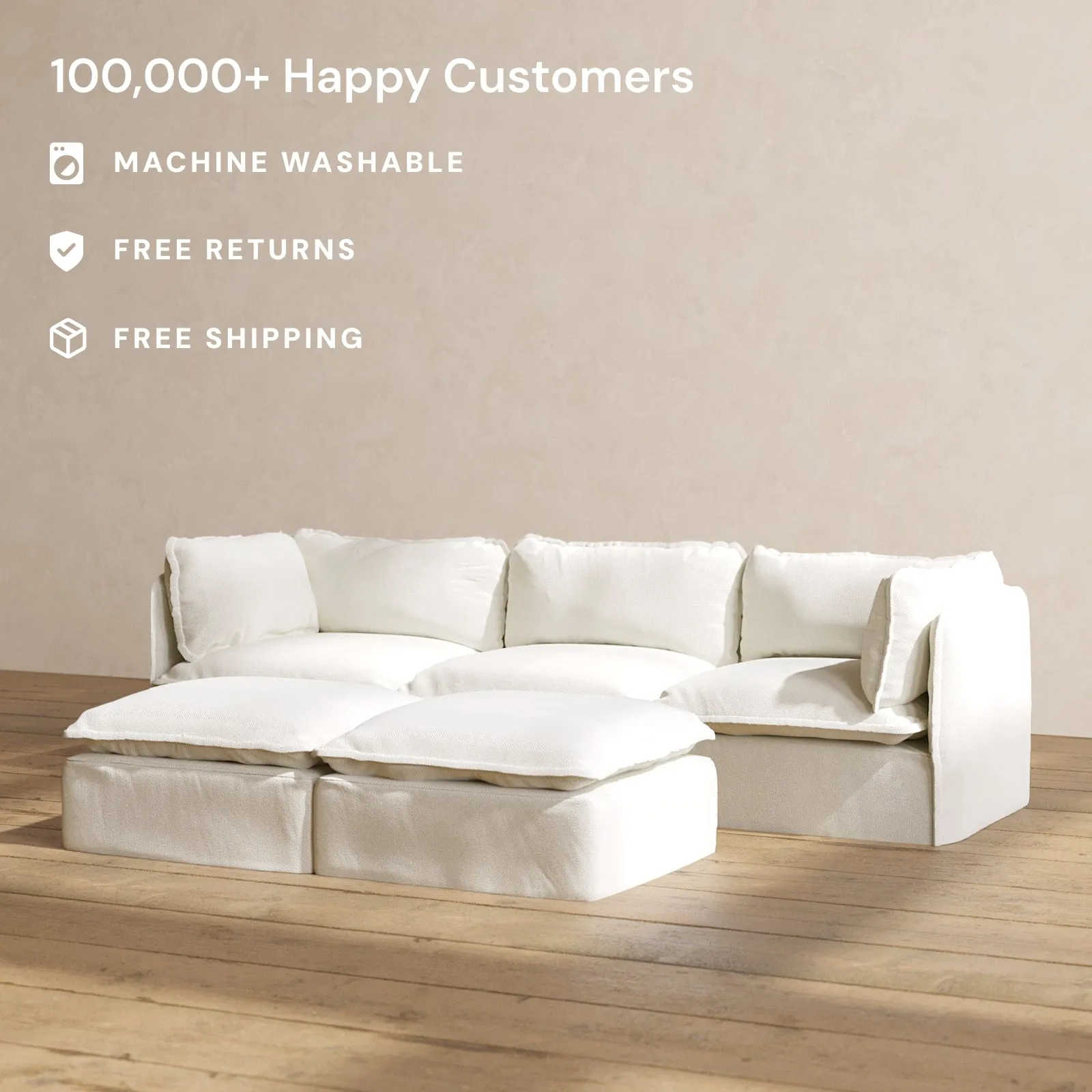 Slipcover Only - Modular Performance 3-Seater   Bench Ottoman | Plush Weave in Eggshell