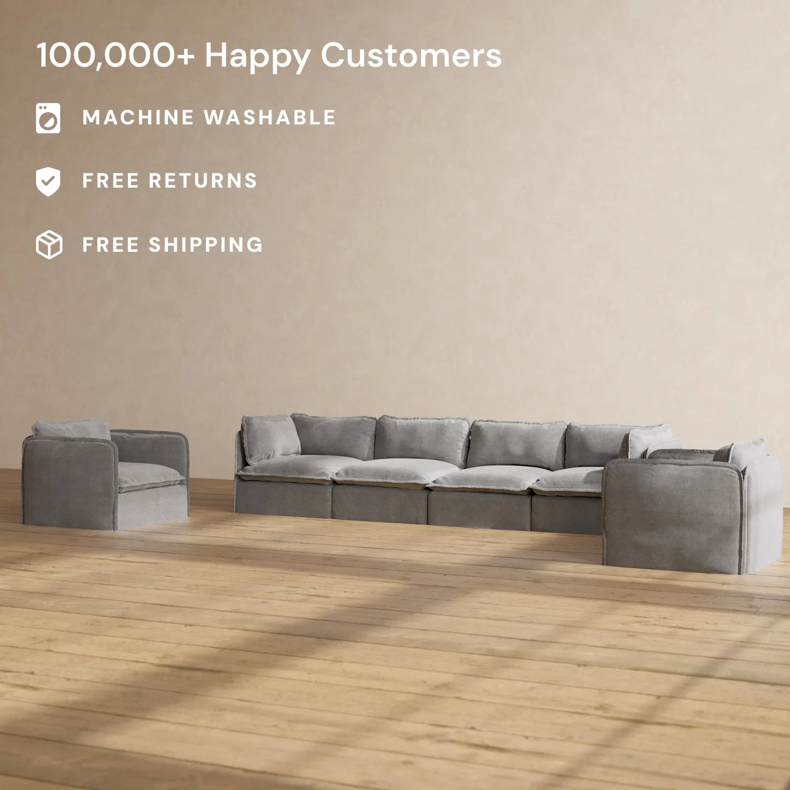 Slipcover Only - Modular Performance 4-Seater Sofa   Armchair Set | Plush Weave in Ash