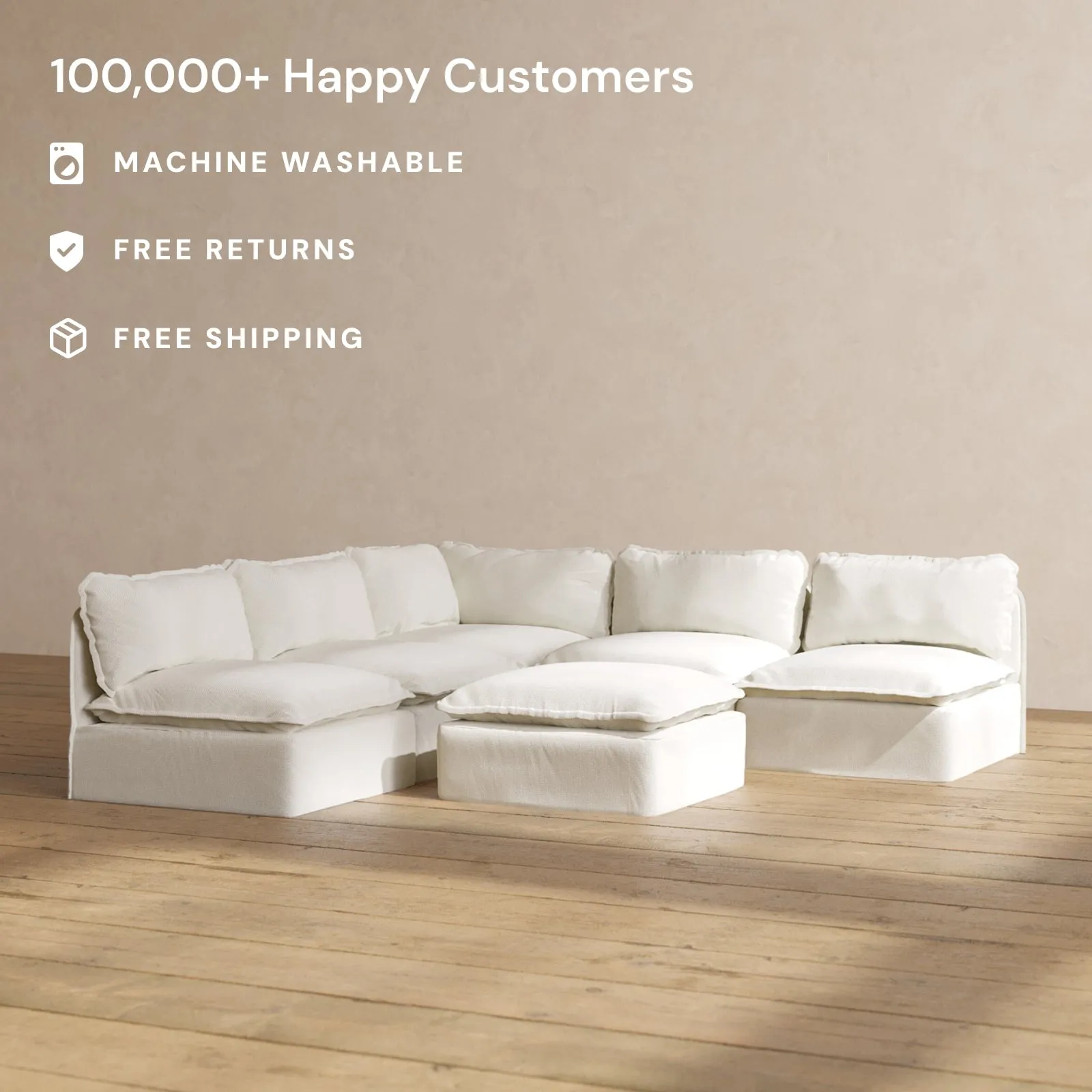 Slipcover Only - Modular Performance 5-Seater Open-Ends Corner Sectional   Ottoman | Plush Weave in Eggshell