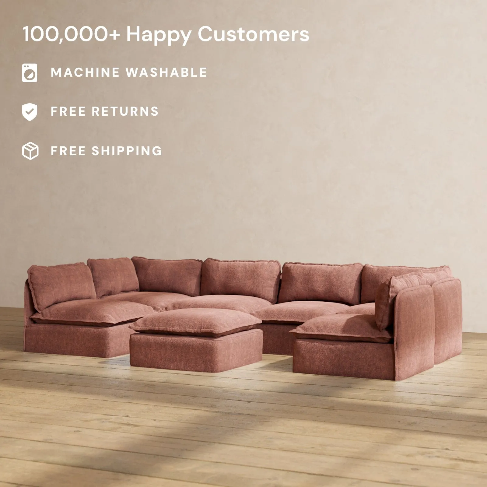 Slipcover Only - Modular Performance 6-Seater Open-Ends U-Sectional   Ottoman | Heirloom Velvet in Chestnut