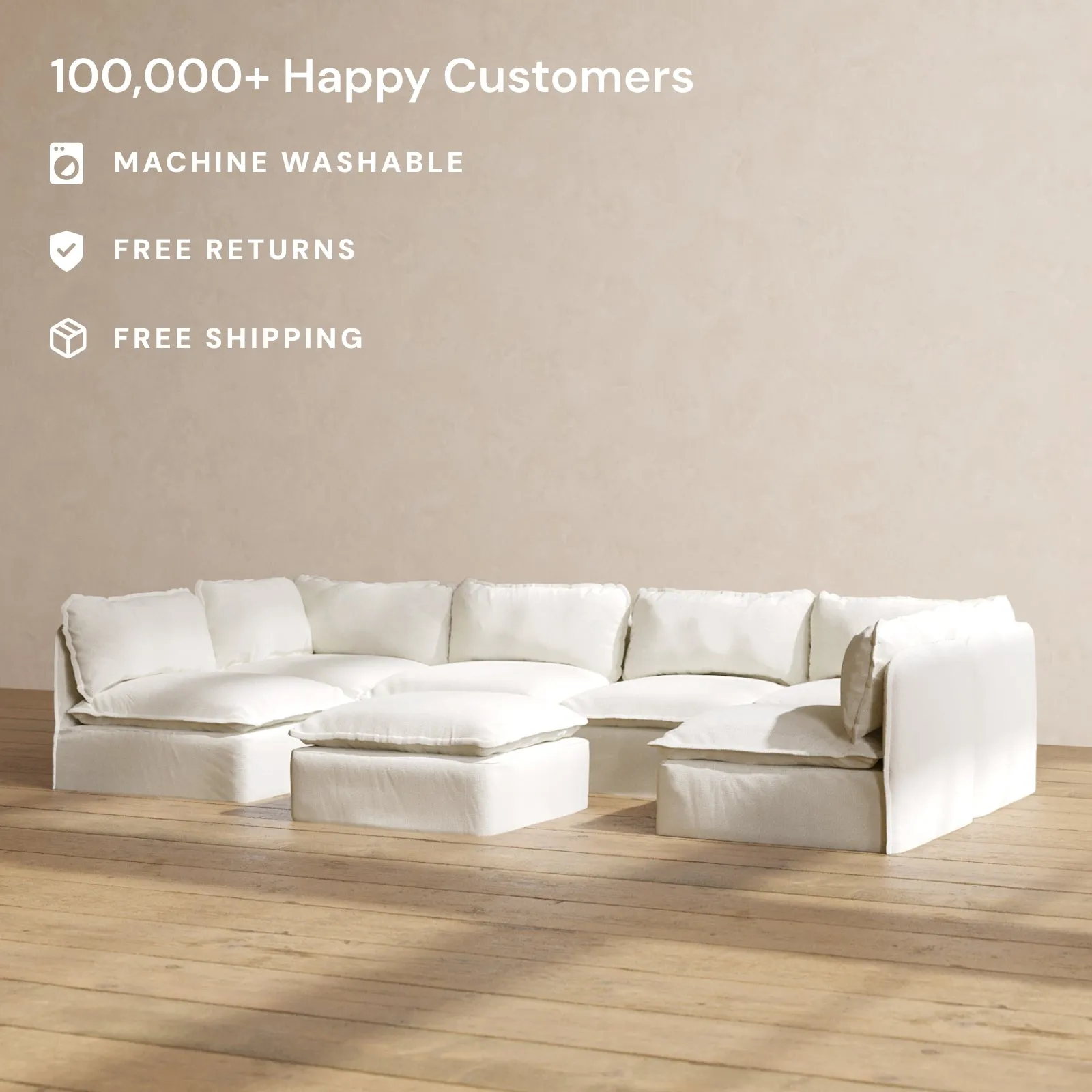 Slipcover Only - Modular Performance 6-Seater Open-Ends U-Sectional   Ottoman | Plush Weave in Eggshell