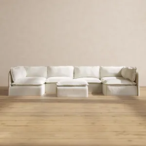 Slipcover Only - Modular Performance 6-Seater Open-Ends U-Sectional   Ottoman | Plush Weave in Eggshell