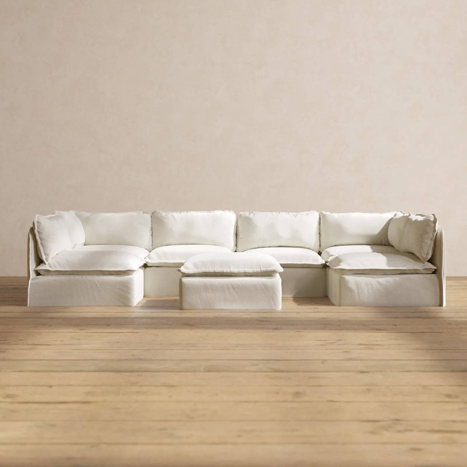 Slipcover Only - Modular Performance 6-Seater Open-Ends U-Sectional   Ottoman | Plush Weave in Eggshell