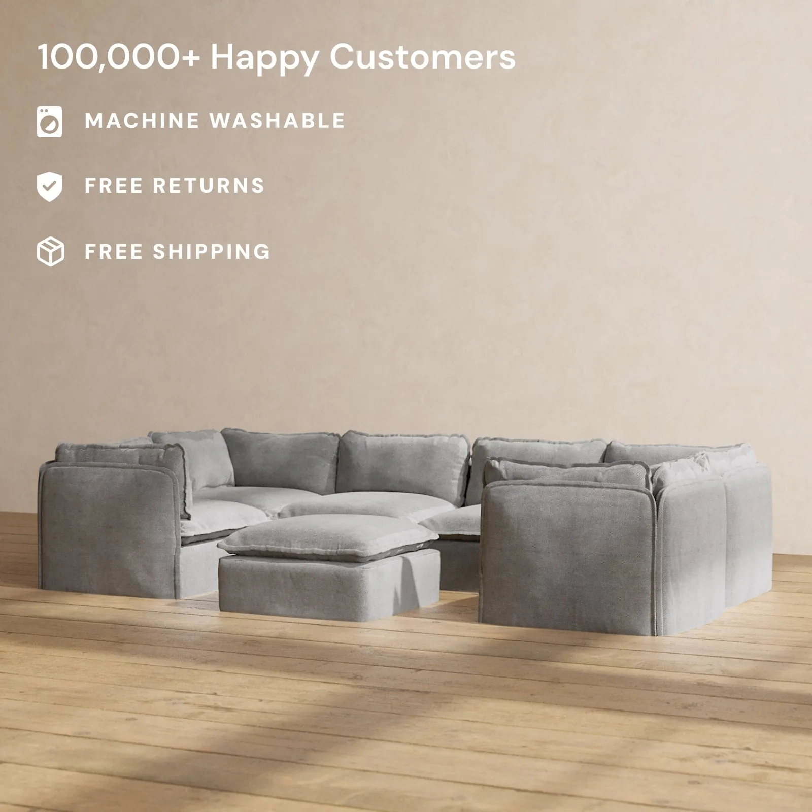 Slipcover Only - Modular Performance 6-Seater U-Sectional   Ottoman | Plush Weave in Ash