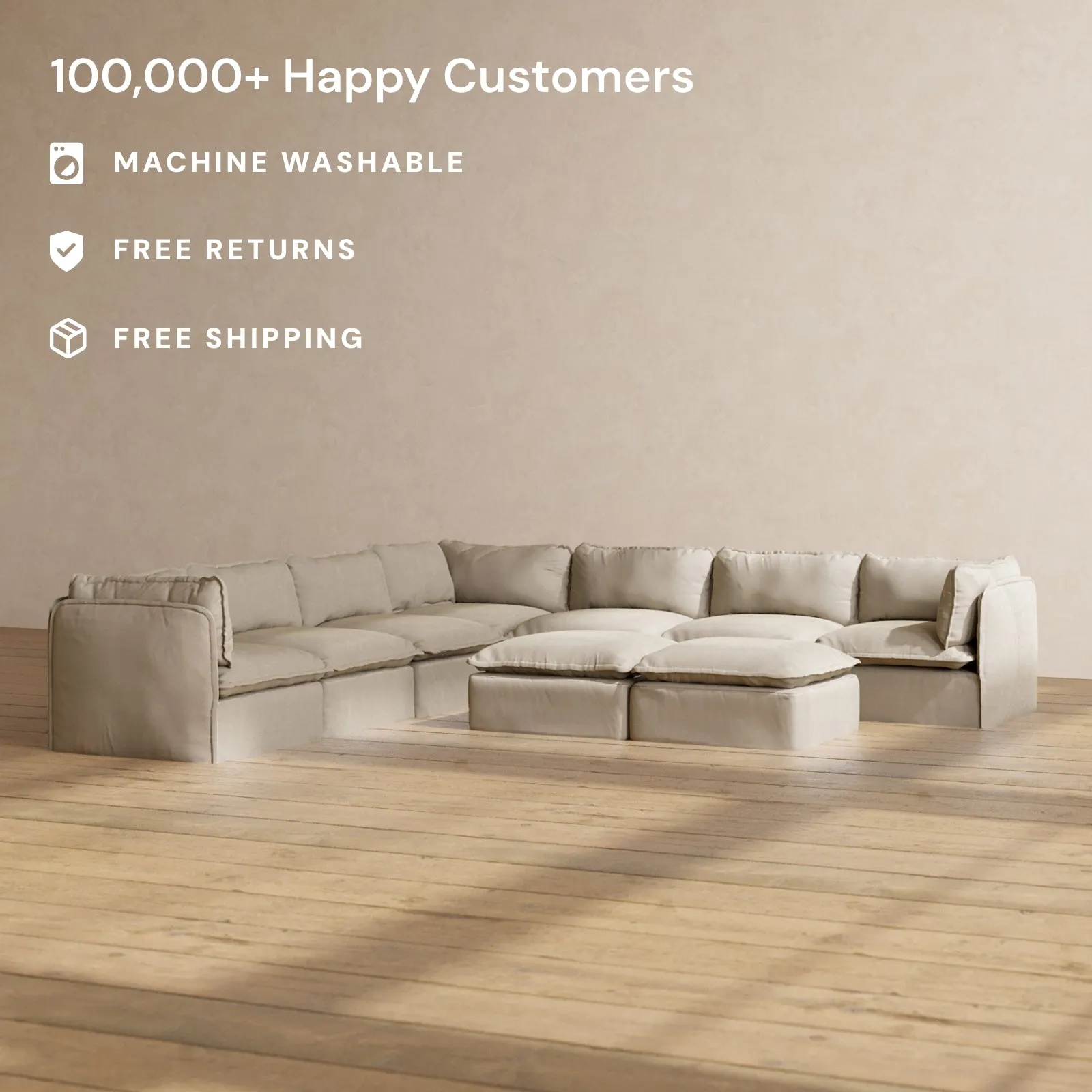Slipcover Only - Modular Performance 7-Seater Corner Sectional   Bench Ottoman | Luxury Velvet in Dune