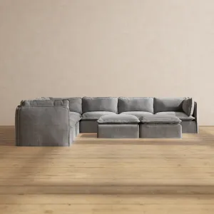 Slipcover Only - Modular Performance 7-Seater Corner Sectional   Bench Ottoman | Plush Weave in Ash