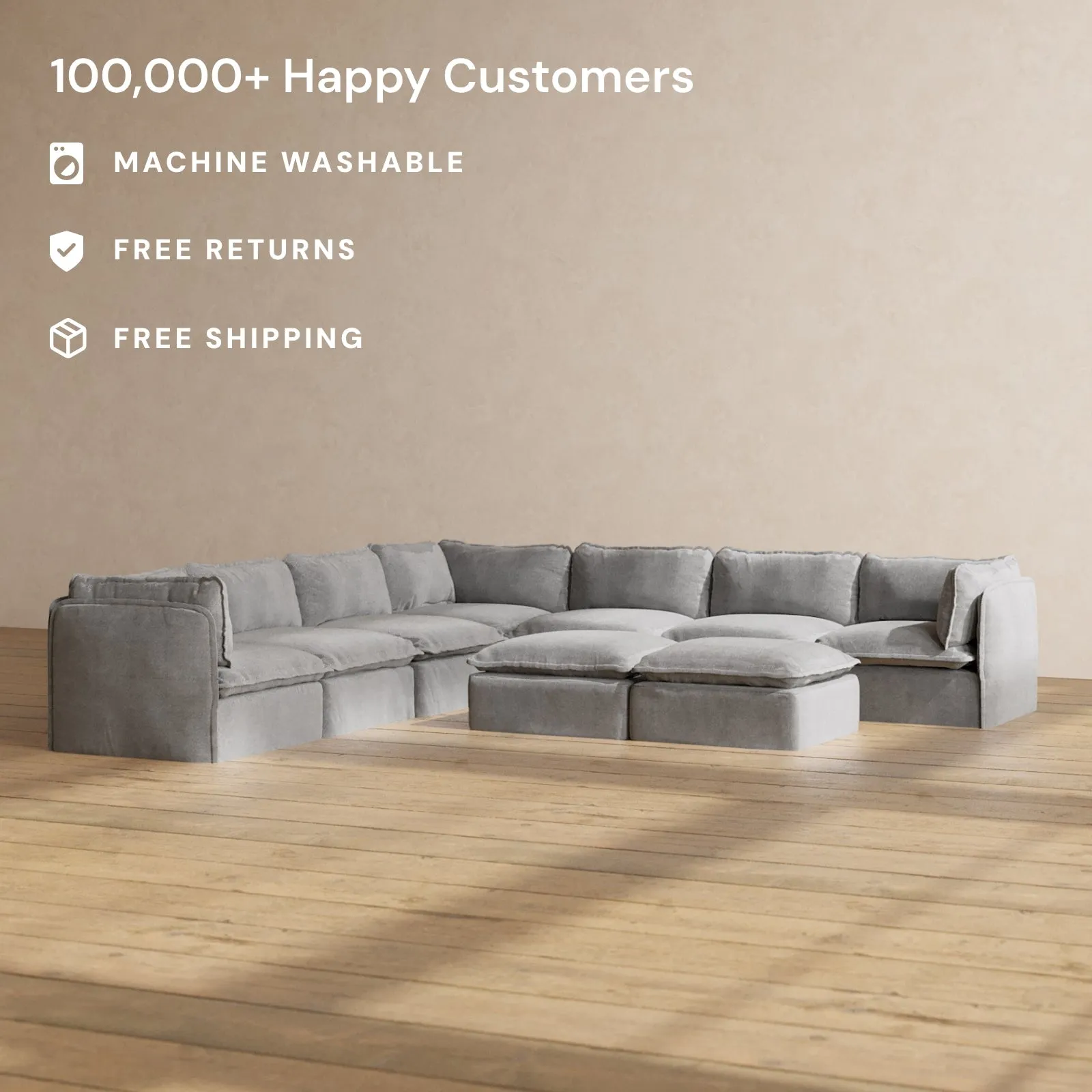 Slipcover Only - Modular Performance 7-Seater Corner Sectional   Bench Ottoman | Plush Weave in Ash