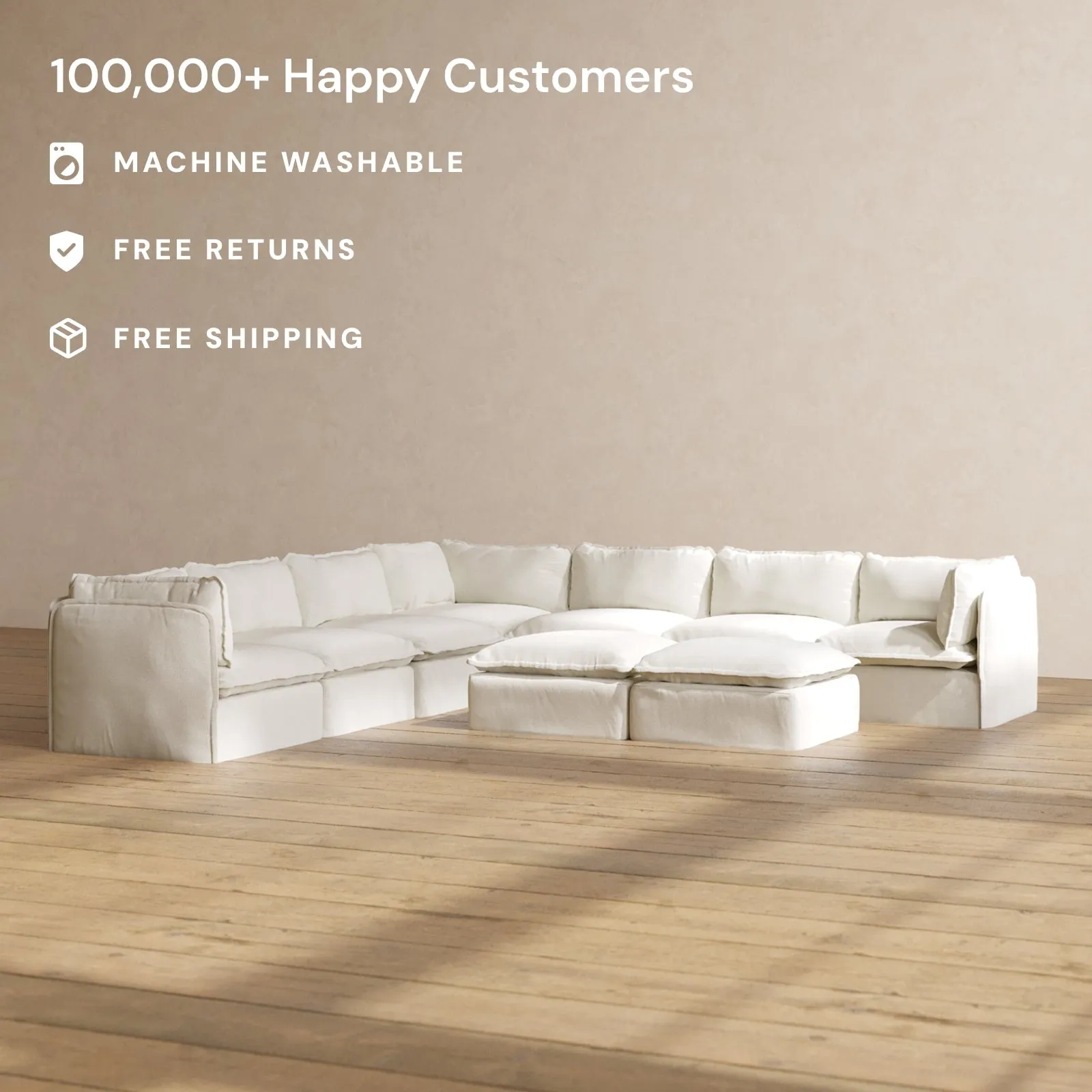 Slipcover Only - Modular Performance 7-Seater Corner Sectional   Bench Ottoman | Plush Weave in Eggshell