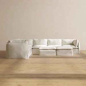 Slipcover Only - Modular Performance 7-Seater Corner Sectional   Bench Ottoman | Plush Weave in Eggshell