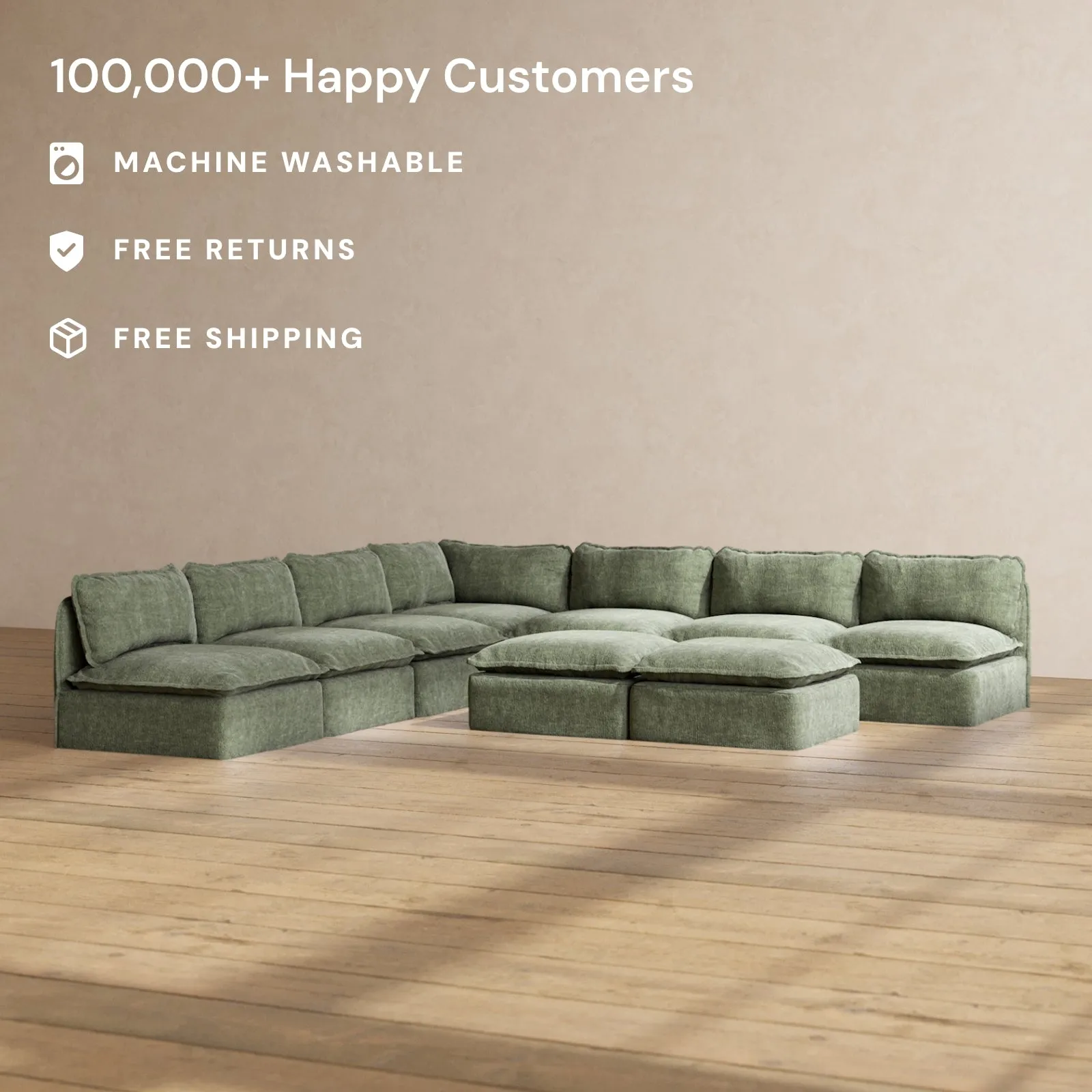Slipcover Only - Modular Performance 7-Seater Open-Ends Corner Sectional   Bench Ottoman | Heirloom Velvet in Willow