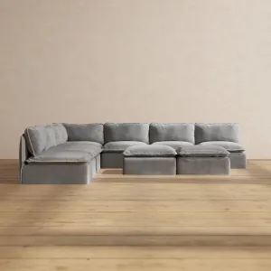 Slipcover Only - Modular Performance 7-Seater Open-Ends Corner Sectional   Bench Ottoman | Plush Weave in Ash