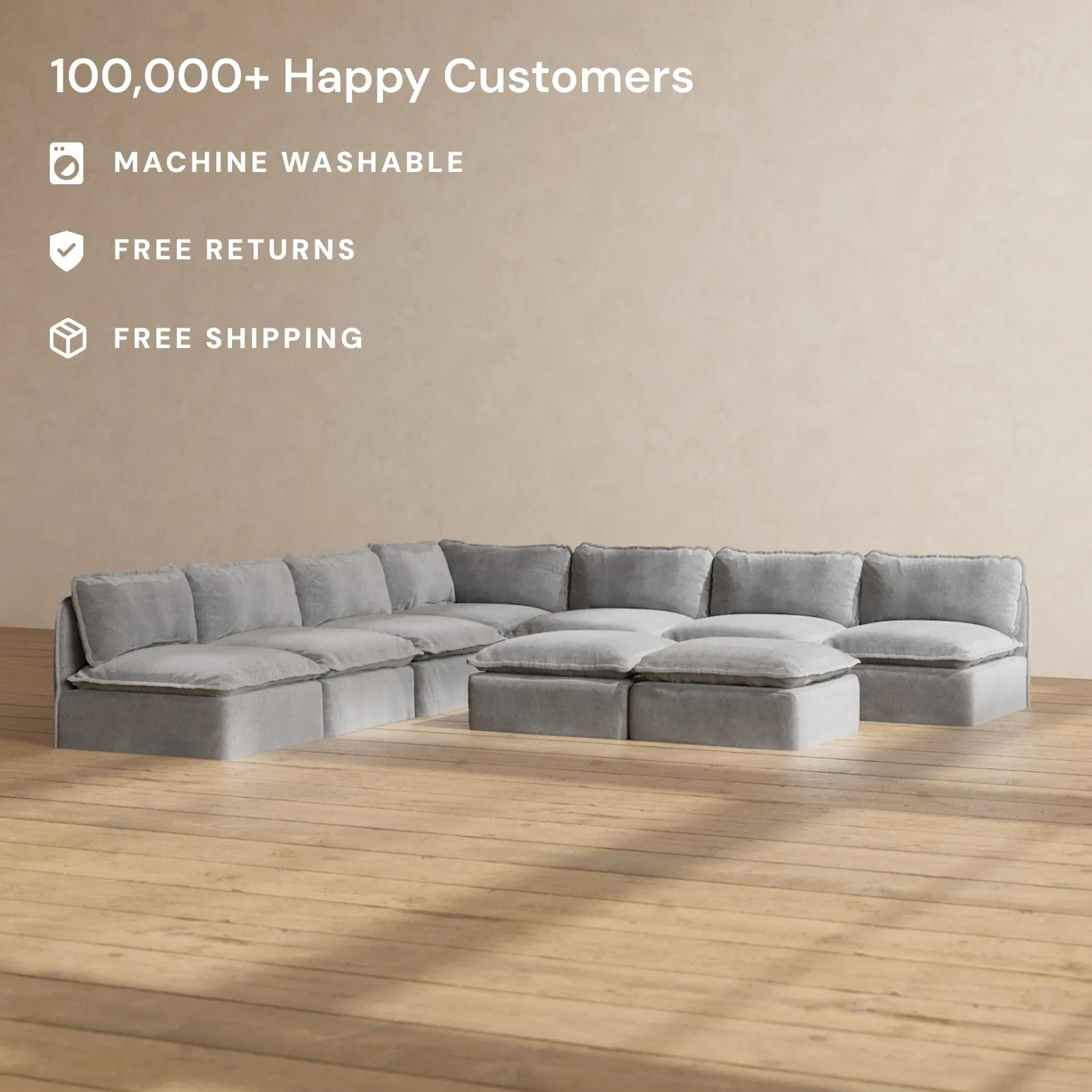 Slipcover Only - Modular Performance 7-Seater Open-Ends Corner Sectional   Bench Ottoman | Plush Weave in Ash