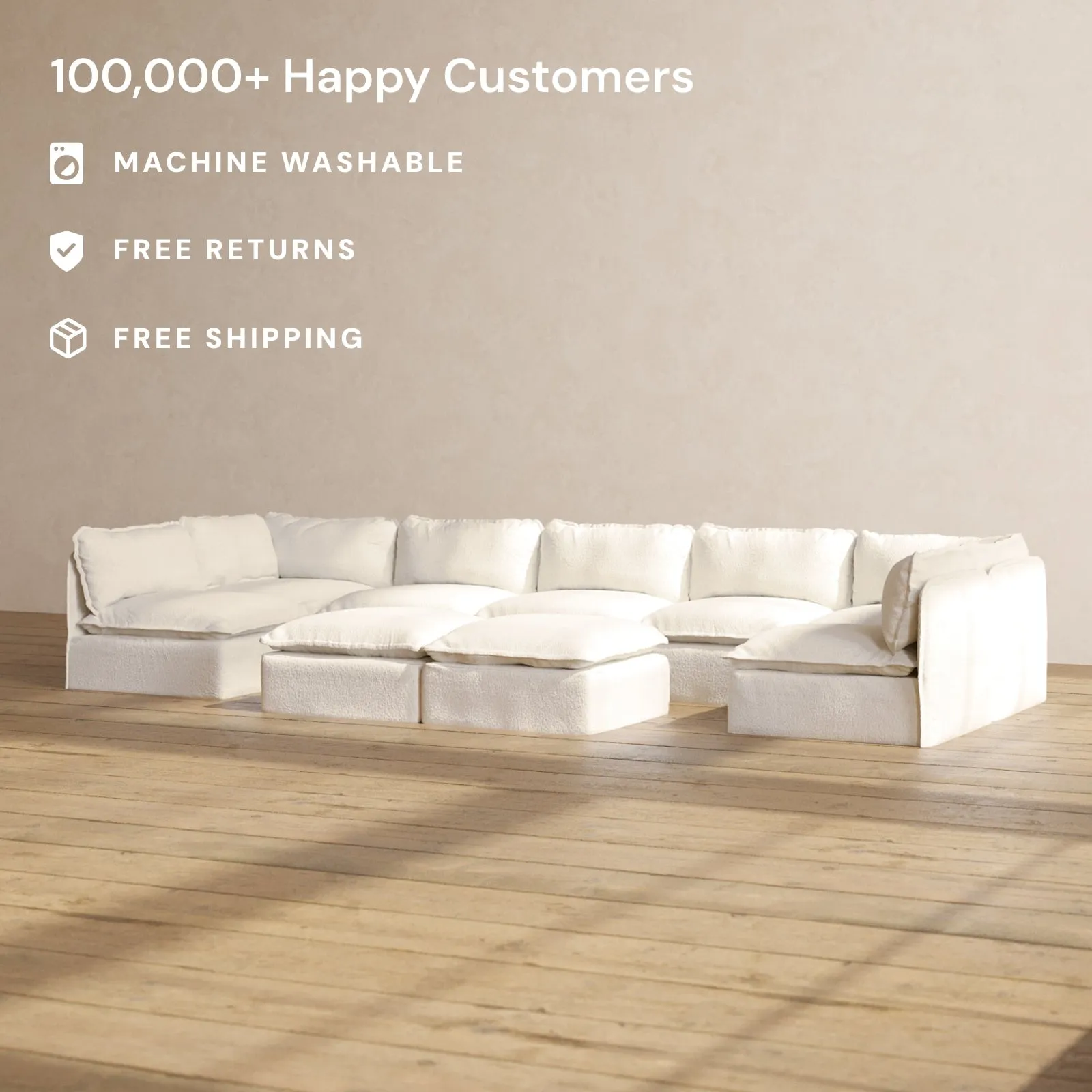 Slipcover Only - Modular Performance 7-Seater Open-Ends U-Sectional   Bench Ottoman | Knit Boucle in Mousse