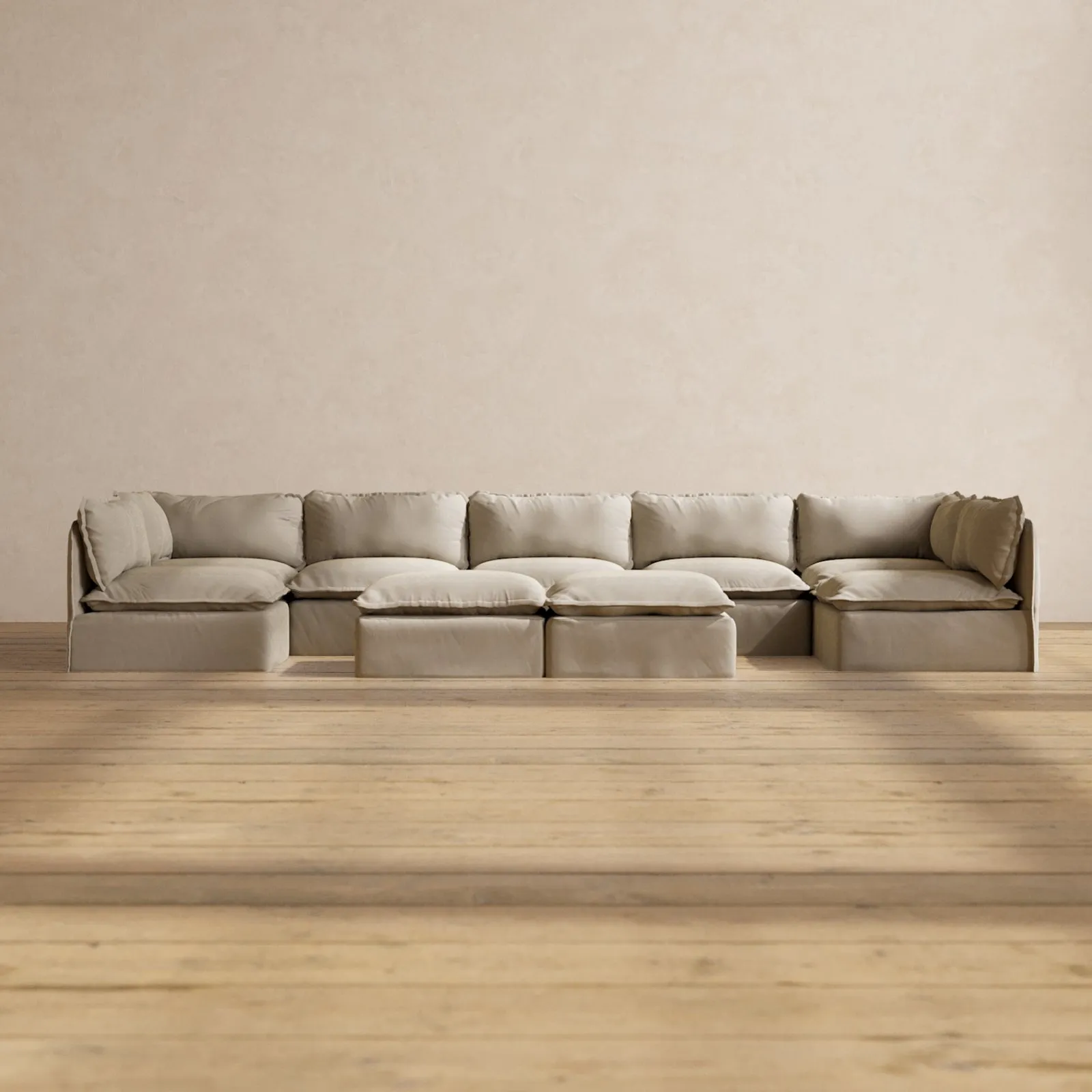 Slipcover Only - Modular Performance 7-Seater Open-Ends U-Sectional   Bench Ottoman | Luxury Velvet in Dune