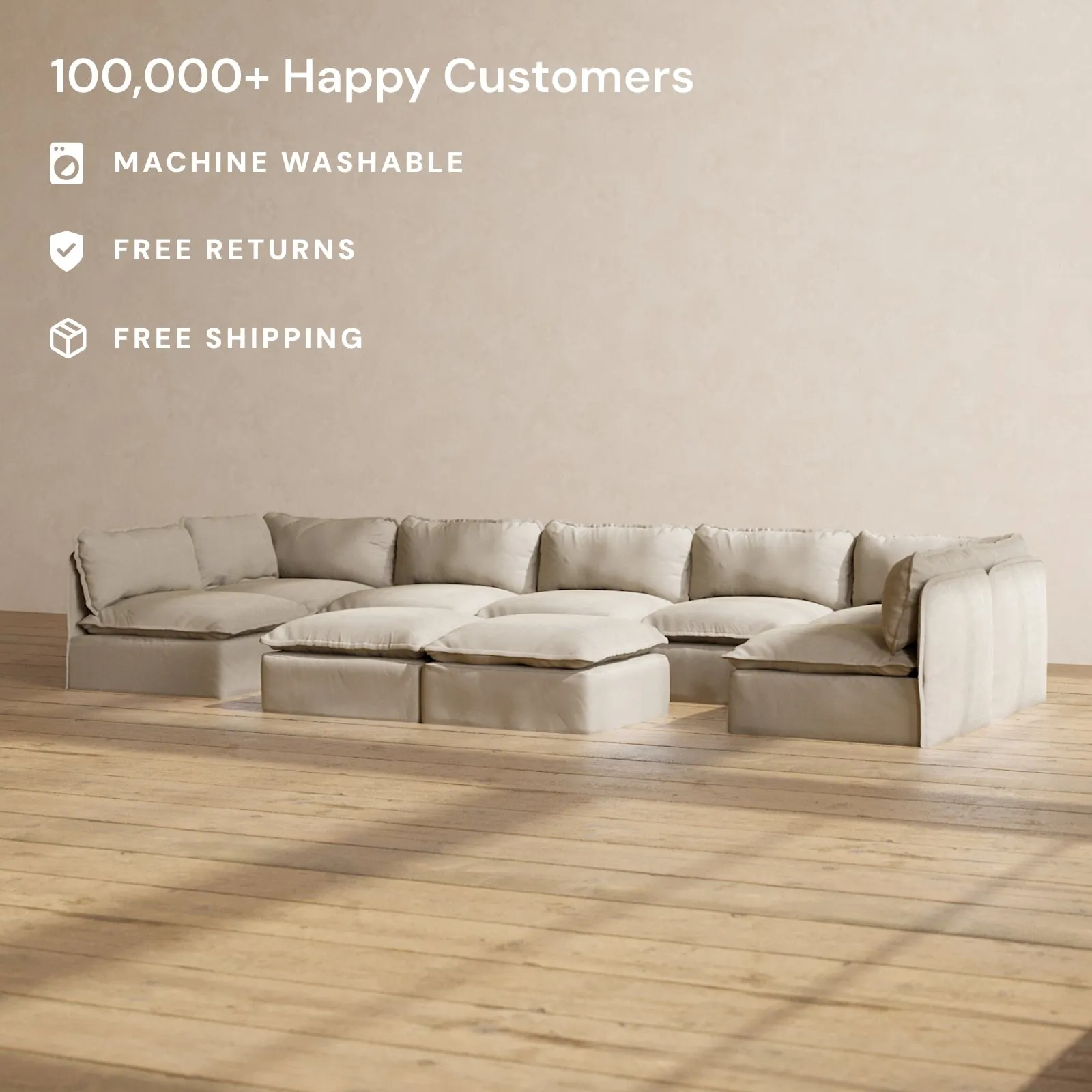 Slipcover Only - Modular Performance 7-Seater Open-Ends U-Sectional   Bench Ottoman | Luxury Velvet in Dune