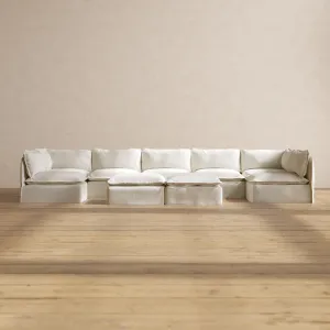 Slipcover Only - Modular Performance 7-Seater Open-Ends U-Sectional   Bench Ottoman | Plush Weave in Eggshell