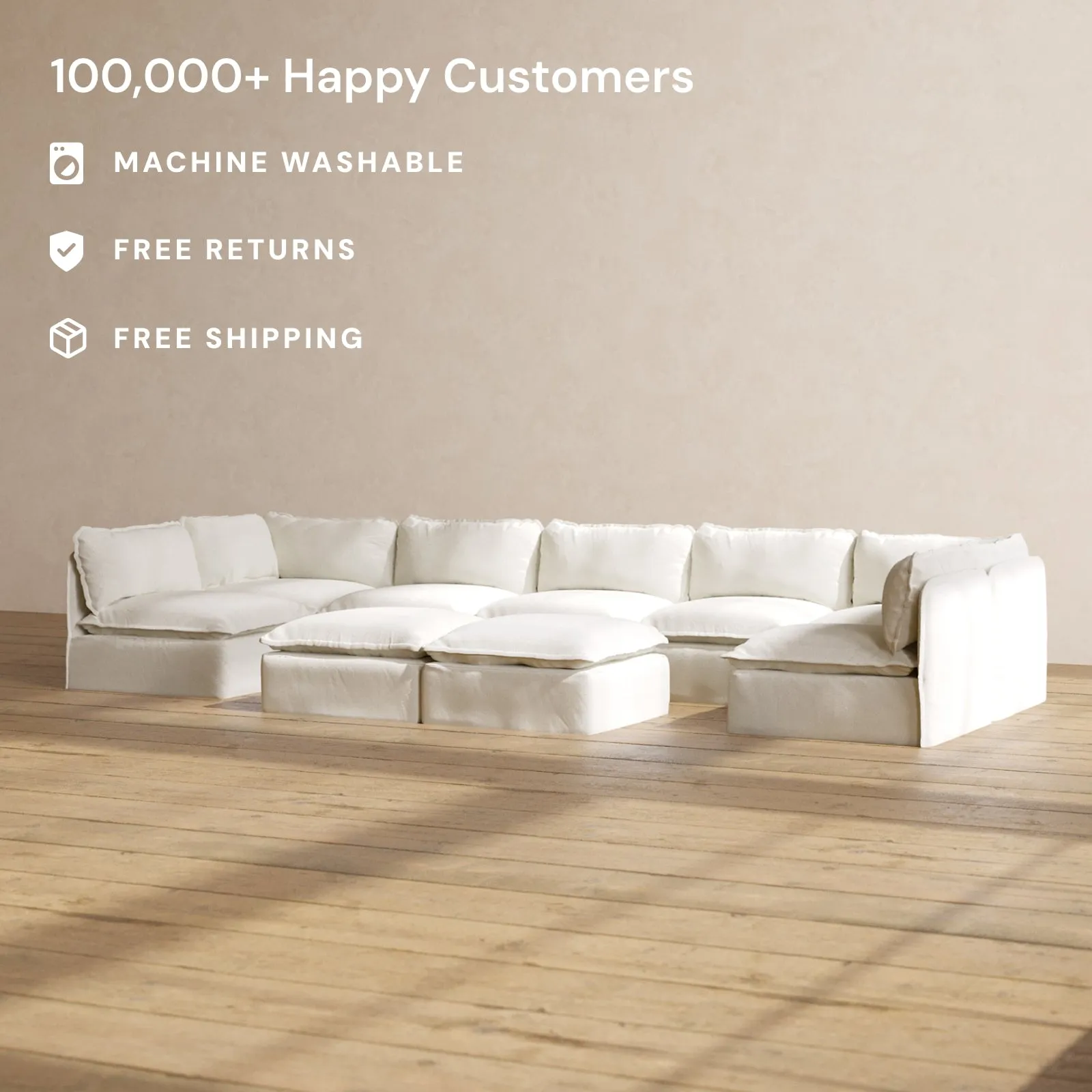 Slipcover Only - Modular Performance 7-Seater Open-Ends U-Sectional   Bench Ottoman | Plush Weave in Eggshell