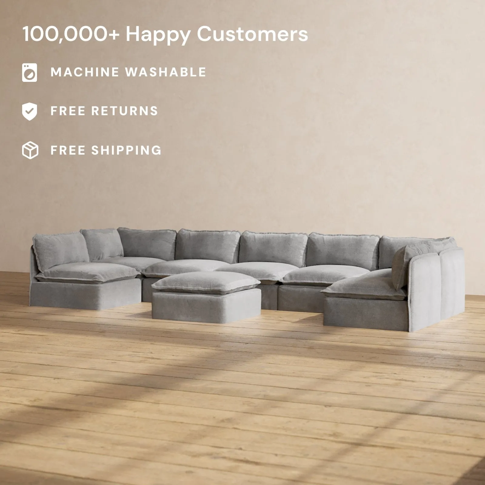 Slipcover Only - Modular Performance 7-Seater Open-Ends U-Sectional   Ottoman | Plush Weave in Ash