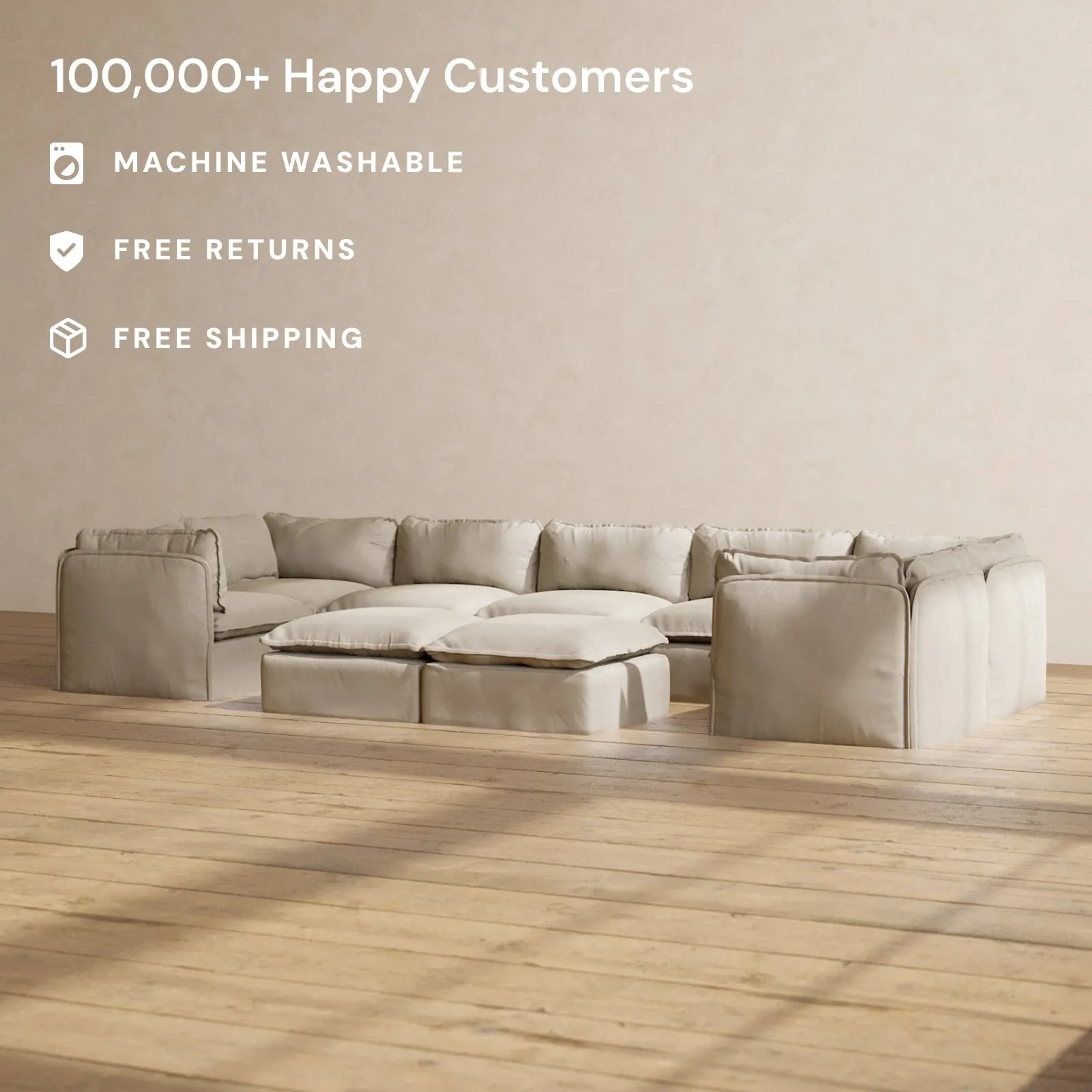 Slipcover Only - Modular Performance 7-Seater U-Sectional   Bench Ottoman | Luxury Velvet in Dune
