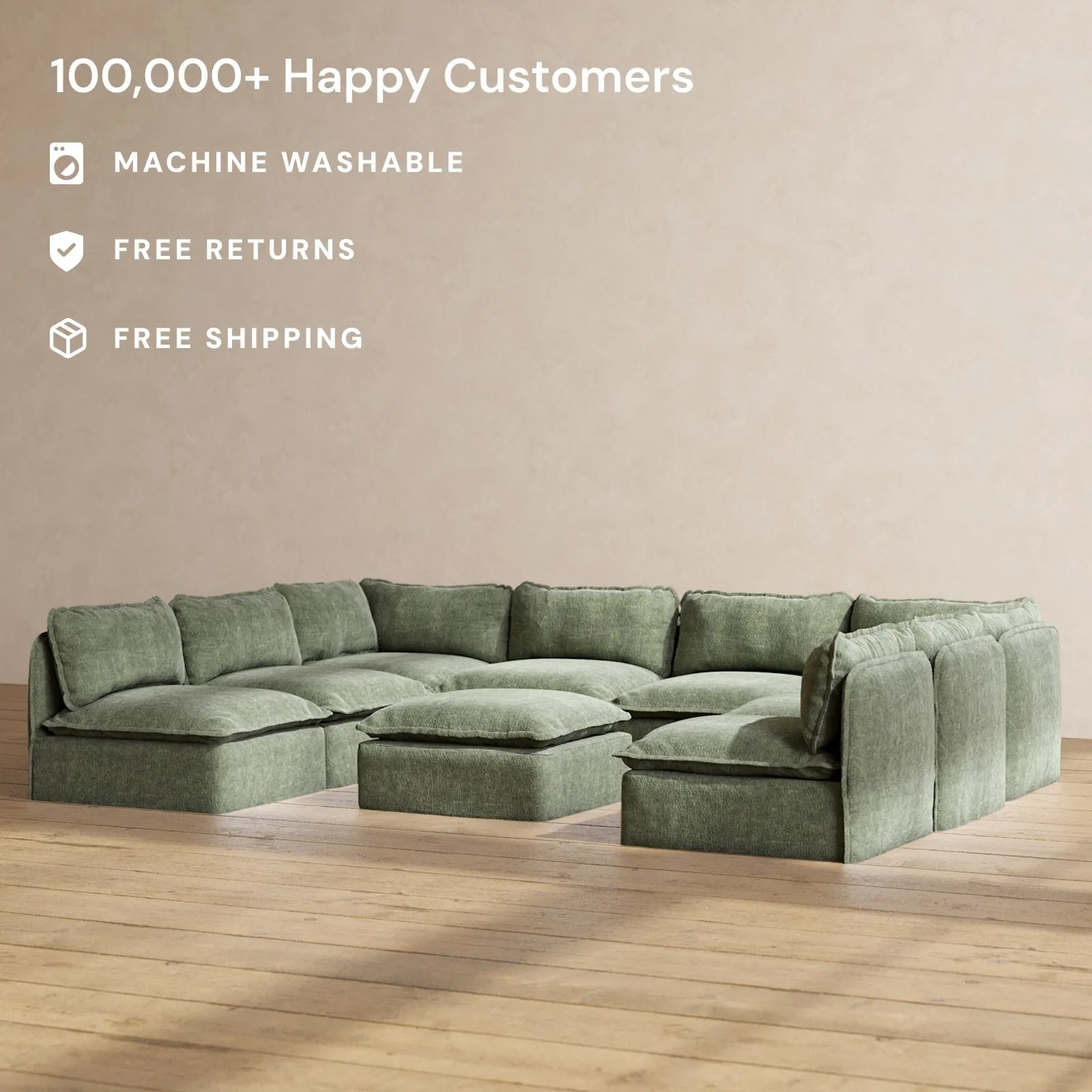 Slipcover Only - Modular Performance 8-Seater Open-Ends U-Sectional   Ottoman | Heirloom Velvet in Willow
