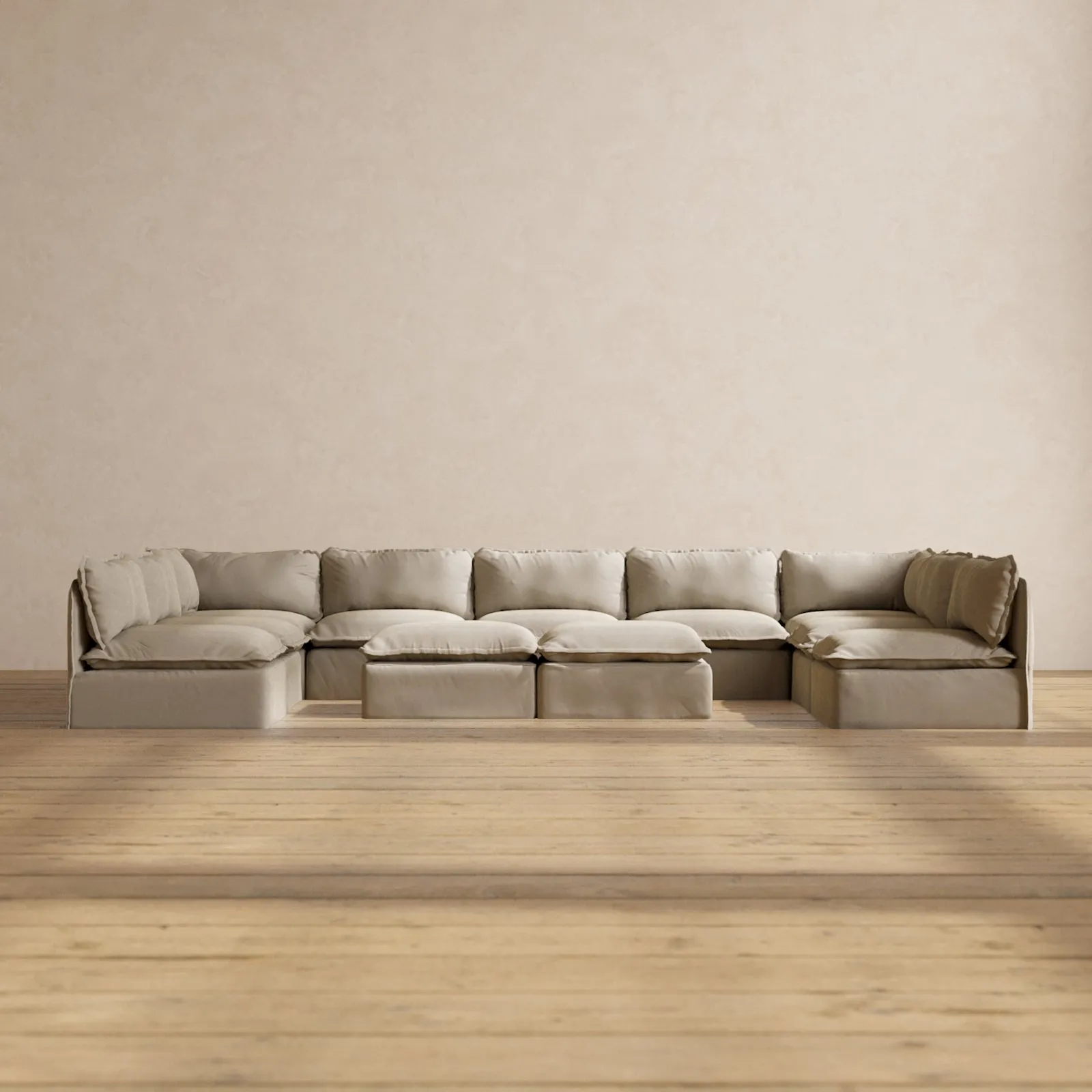 Slipcover Only - Modular Performance 9-Seater Open-Ends U-Sectional   Bench Ottoman | Luxury Velvet in Dune