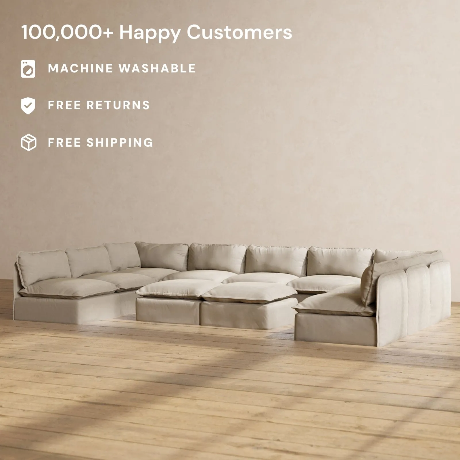 Slipcover Only - Modular Performance 9-Seater Open-Ends U-Sectional   Bench Ottoman | Luxury Velvet in Dune