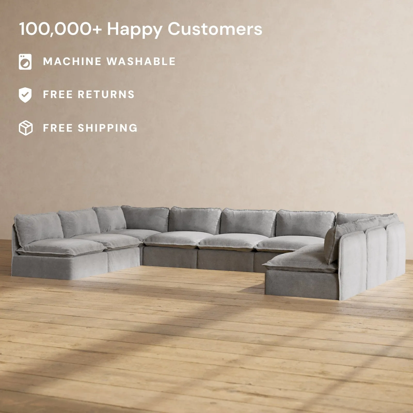 Slipcover Only - Modular Performance 9-Seater Open-Ends U-Sectional | Plush Weave in Ash