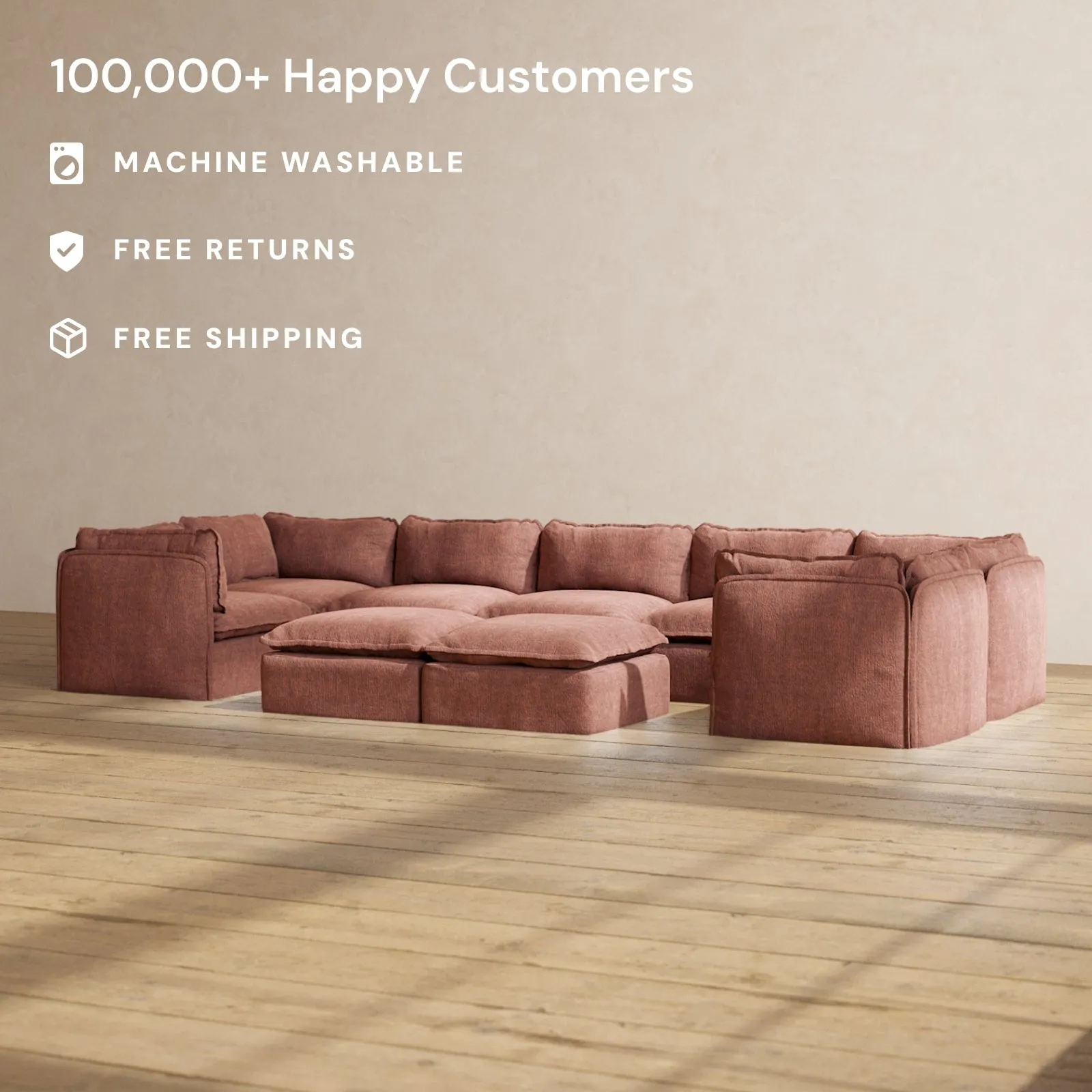 Slipcover Only - Modular Performance 9-Seater U-Sectional   Bench Ottoman | Heirloom Velvet in Chestnut
