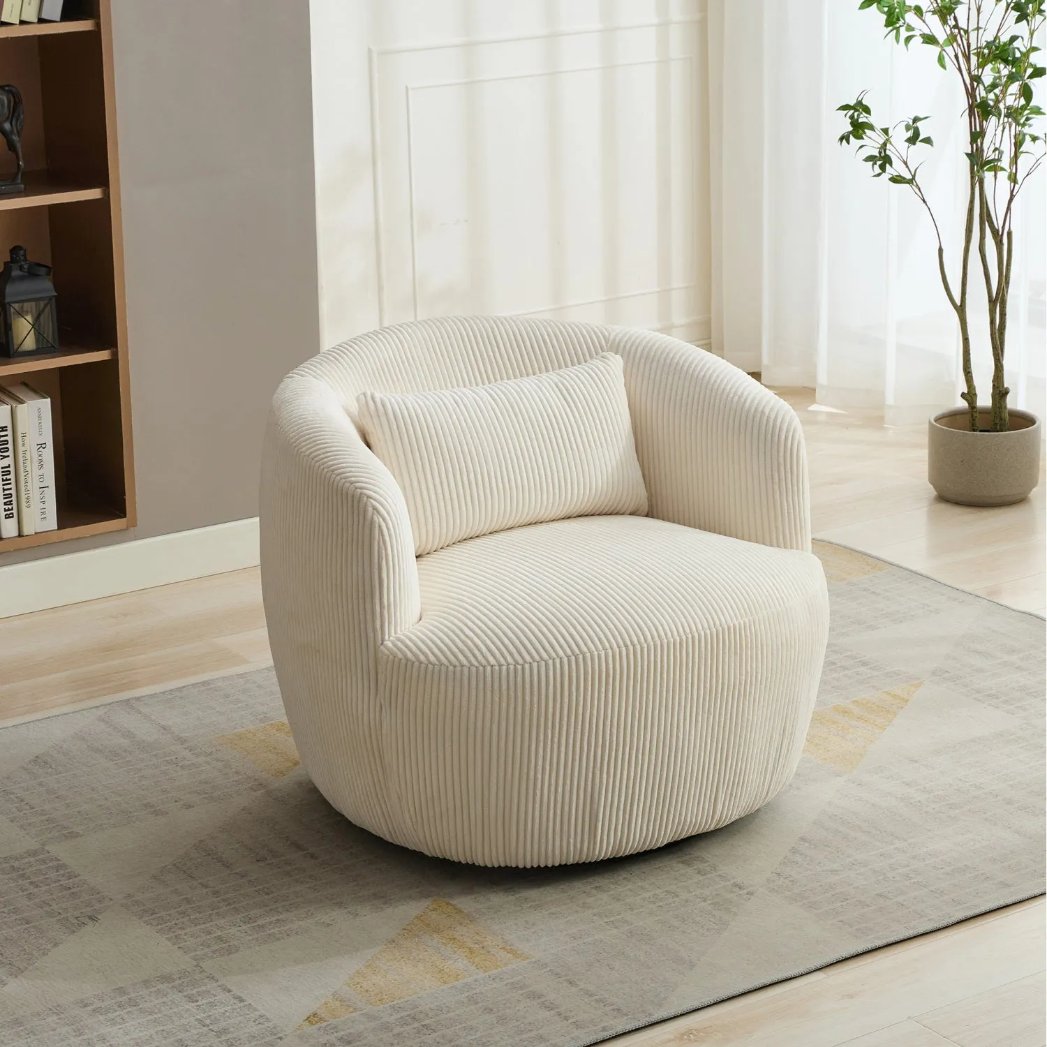 Streamdale 34" Wide Corduroy Swivel Barrel Chair with Pillow - Ivory