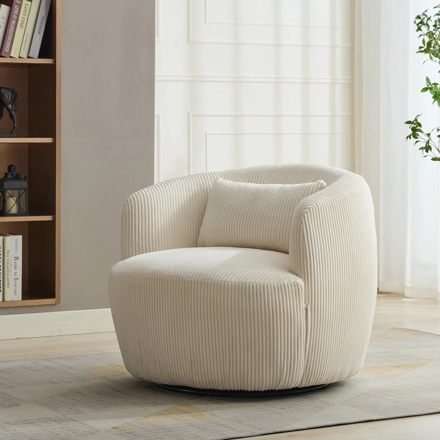 Streamdale 34" Wide Corduroy Swivel Barrel Chair with Pillow - Ivory