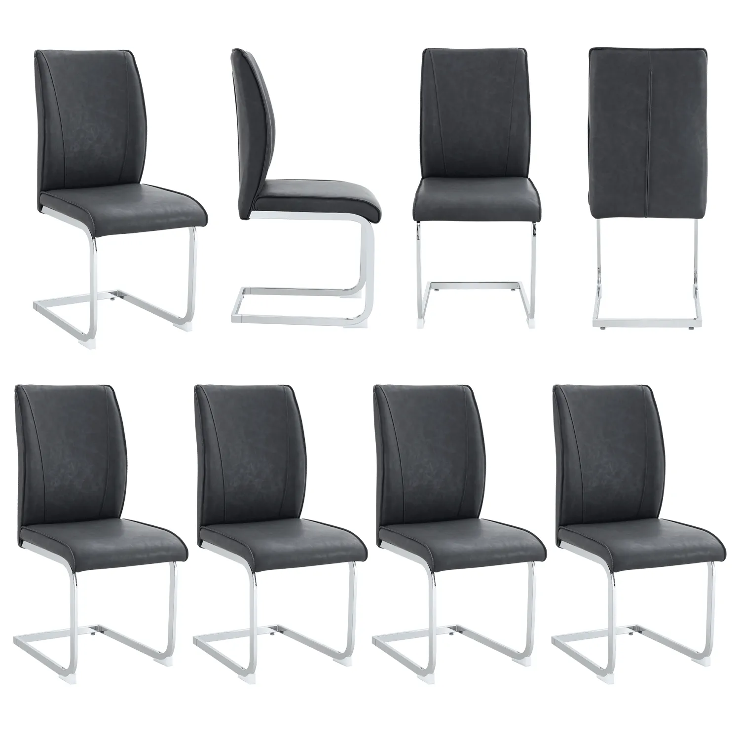 Streamdale Arch Back Gray PU Dining Chairs - Set of 8, Silver Legs