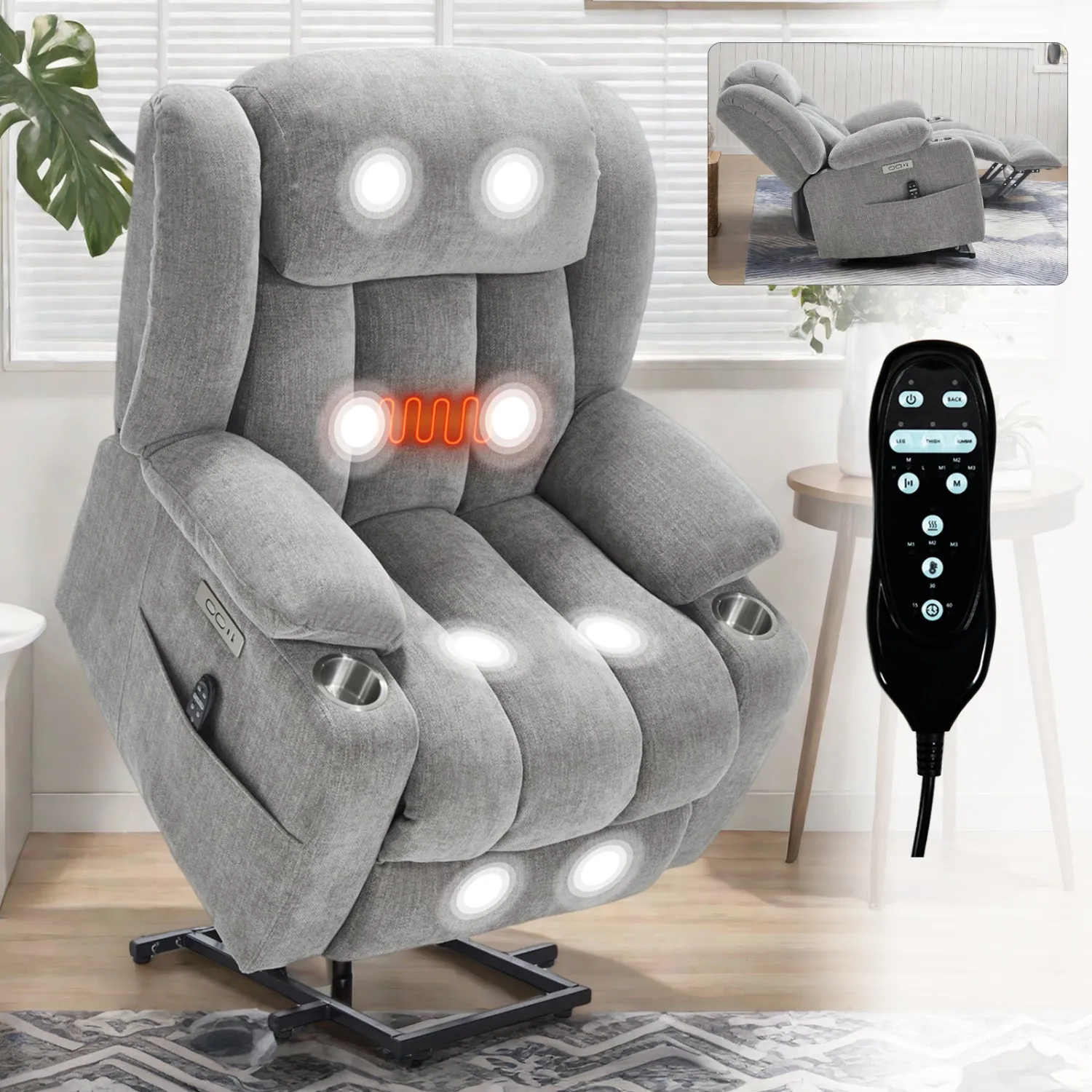 Streamdale Chenille Power Lift Recliner, Massage & Heat, USB, Cup Holders, Grey