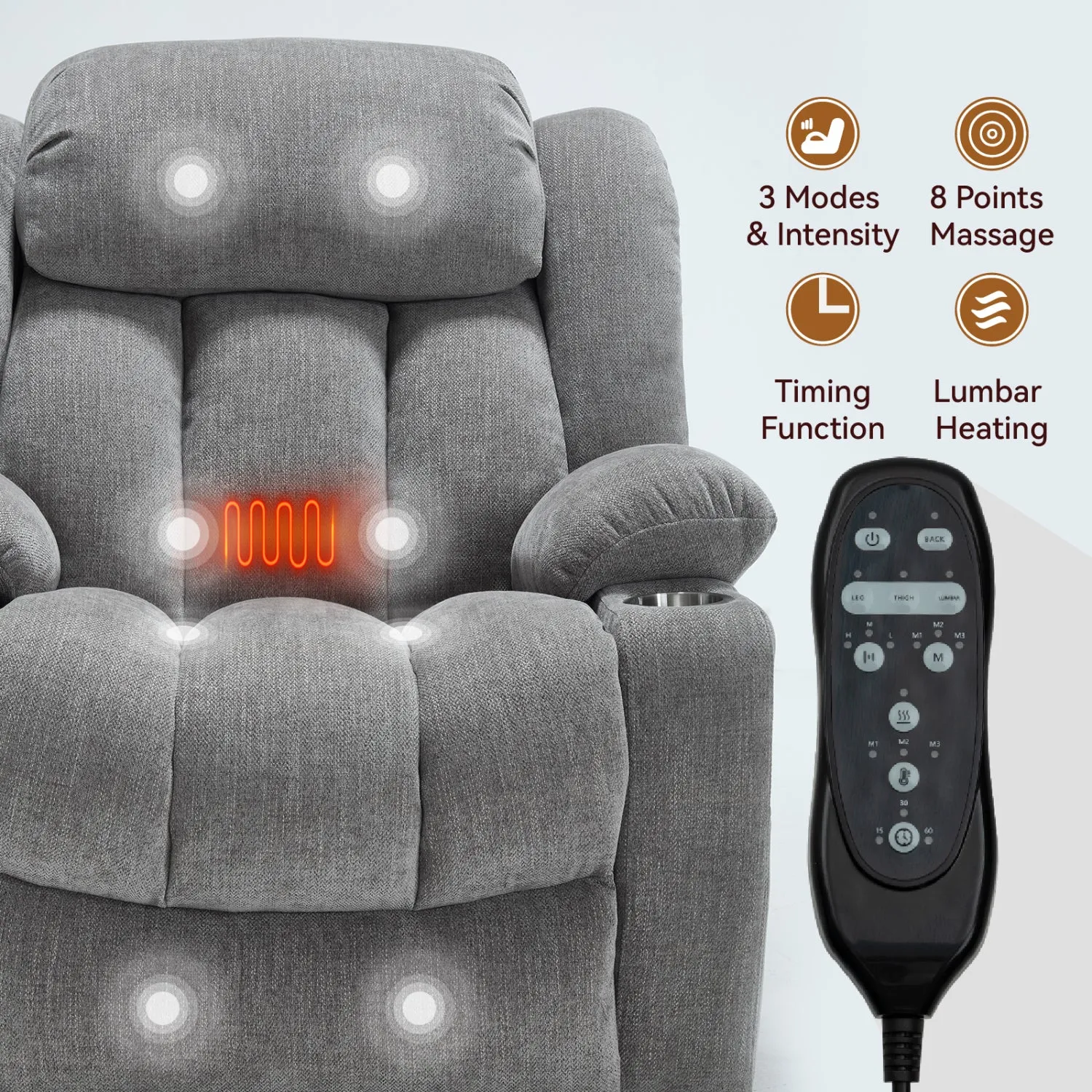 Streamdale Chenille Power Lift Recliner, Massage & Heat, USB, Cup Holders, Grey