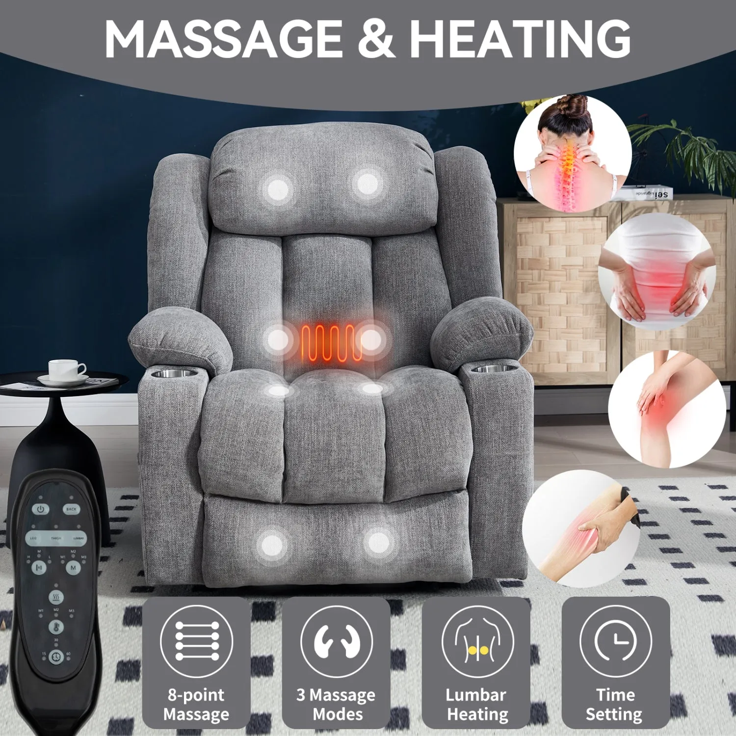 Streamdale Chenille Power Lift Recliner, Massage & Heat, USB, Cup Holders, Grey