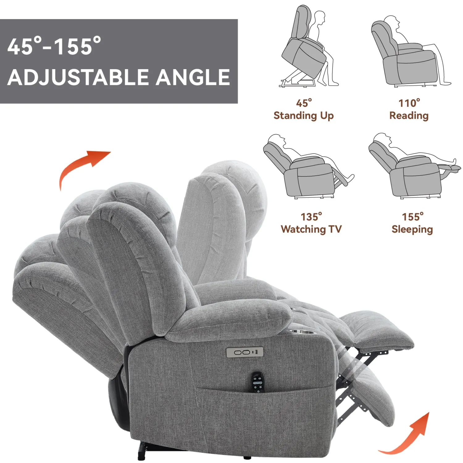 Streamdale Chenille Power Lift Recliner, Massage & Heat, USB, Cup Holders, Grey