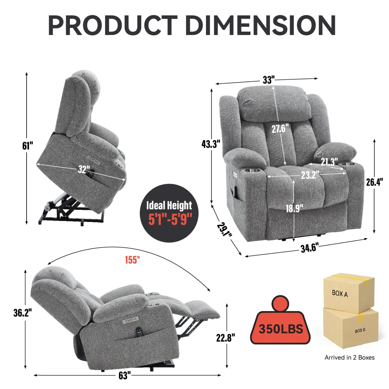 Streamdale Chenille Power Lift Recliner, Massage & Heat, USB, Cup Holders, Grey