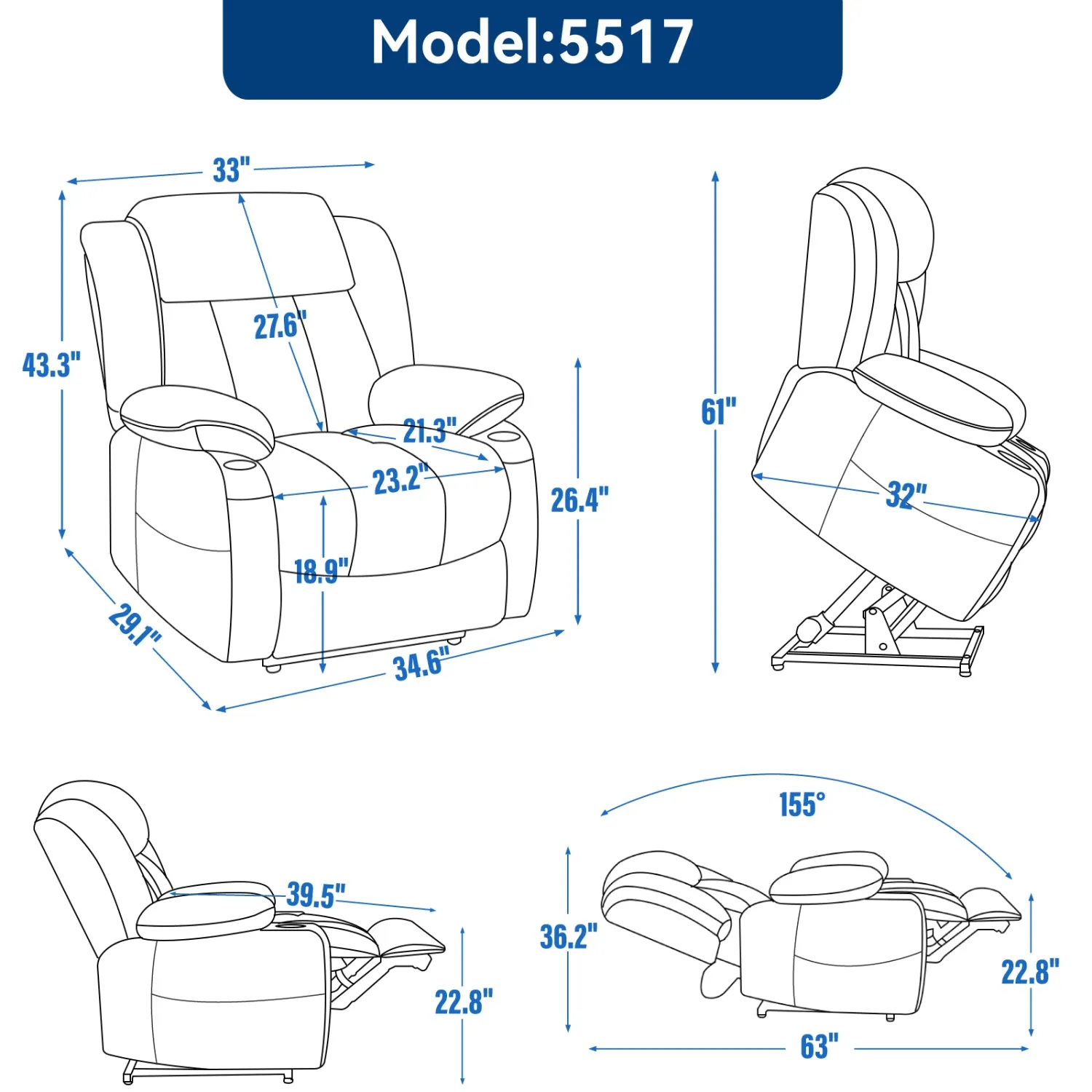 Streamdale Chenille Power Lift Recliner, Massage & Heat, USB, Cup Holders, Grey