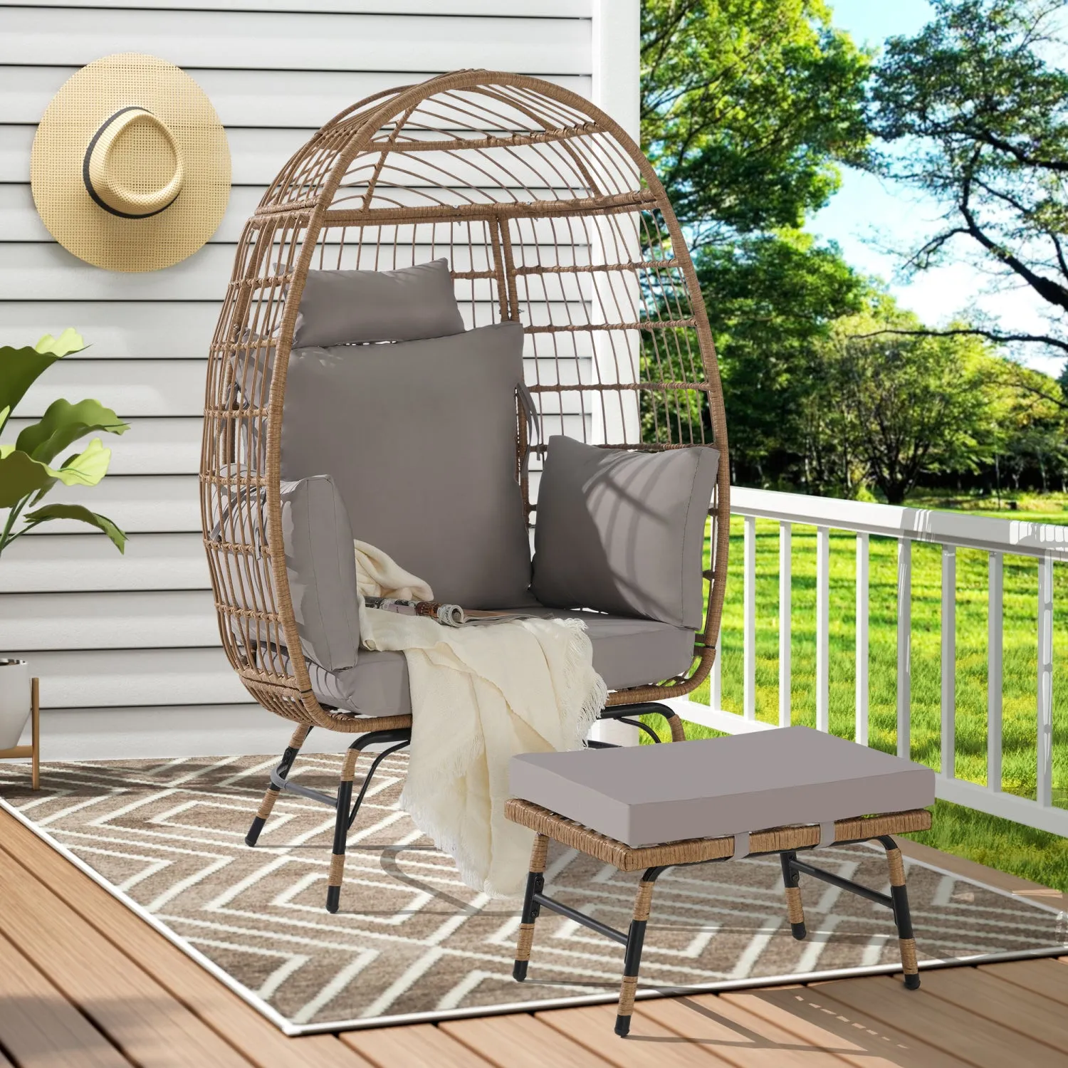Streamdale Oversized Wicker Egg Chair with Ottoman